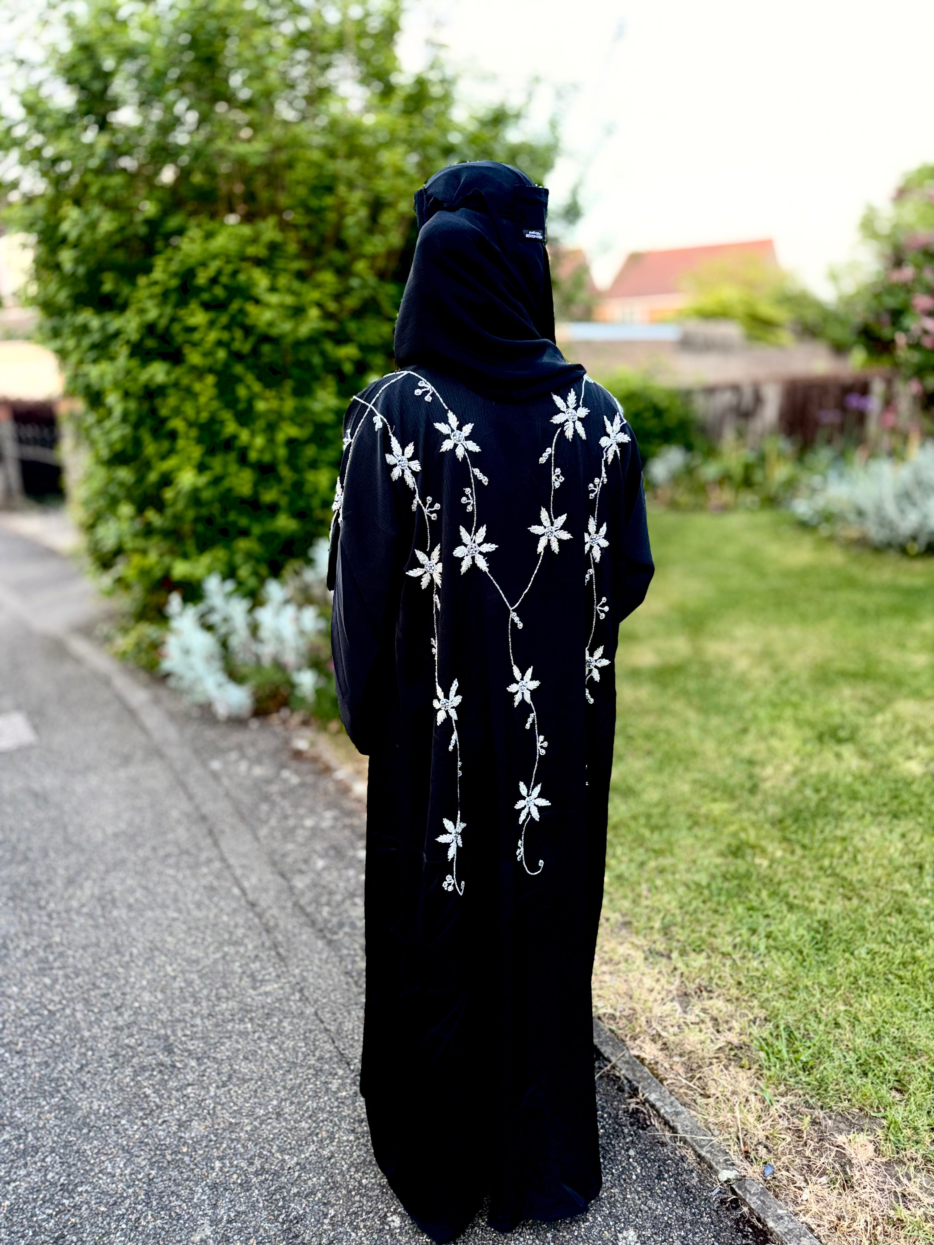 Yasmin Abaya | Full Body Silver Floral Hand-Embroidered Black Abaya | Baytul Haya