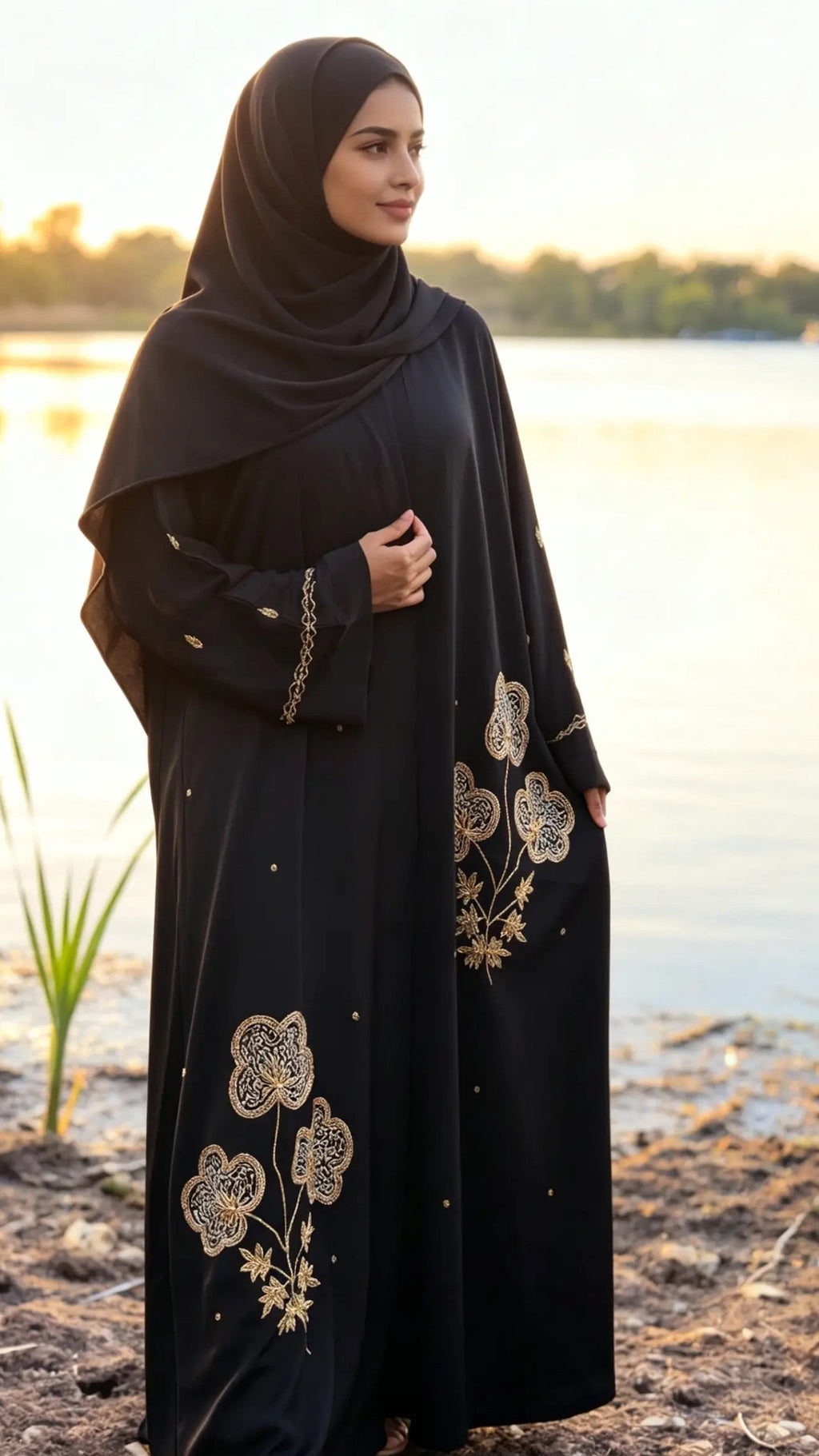 Amira Abaya | Gold & Silver Hand-Embroidered Black Zoom Abaya | Baytul Haya