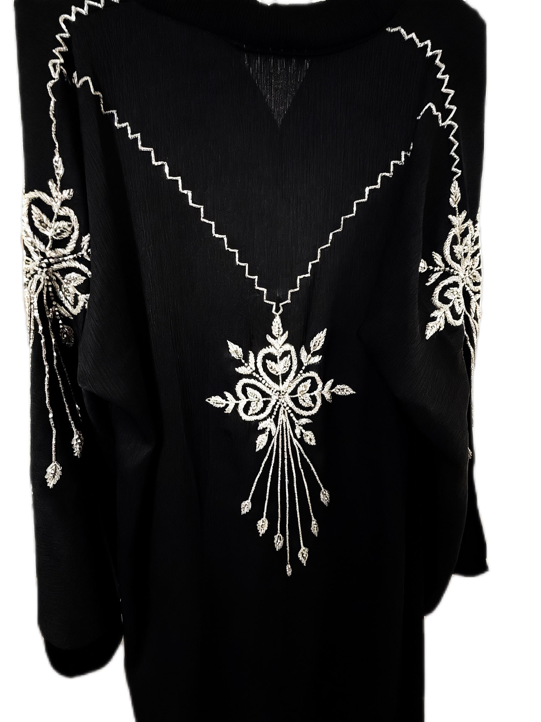 Ayah Abaya | Silver Hand-Embroidered Black Zoom Abaya | Baytul Haya