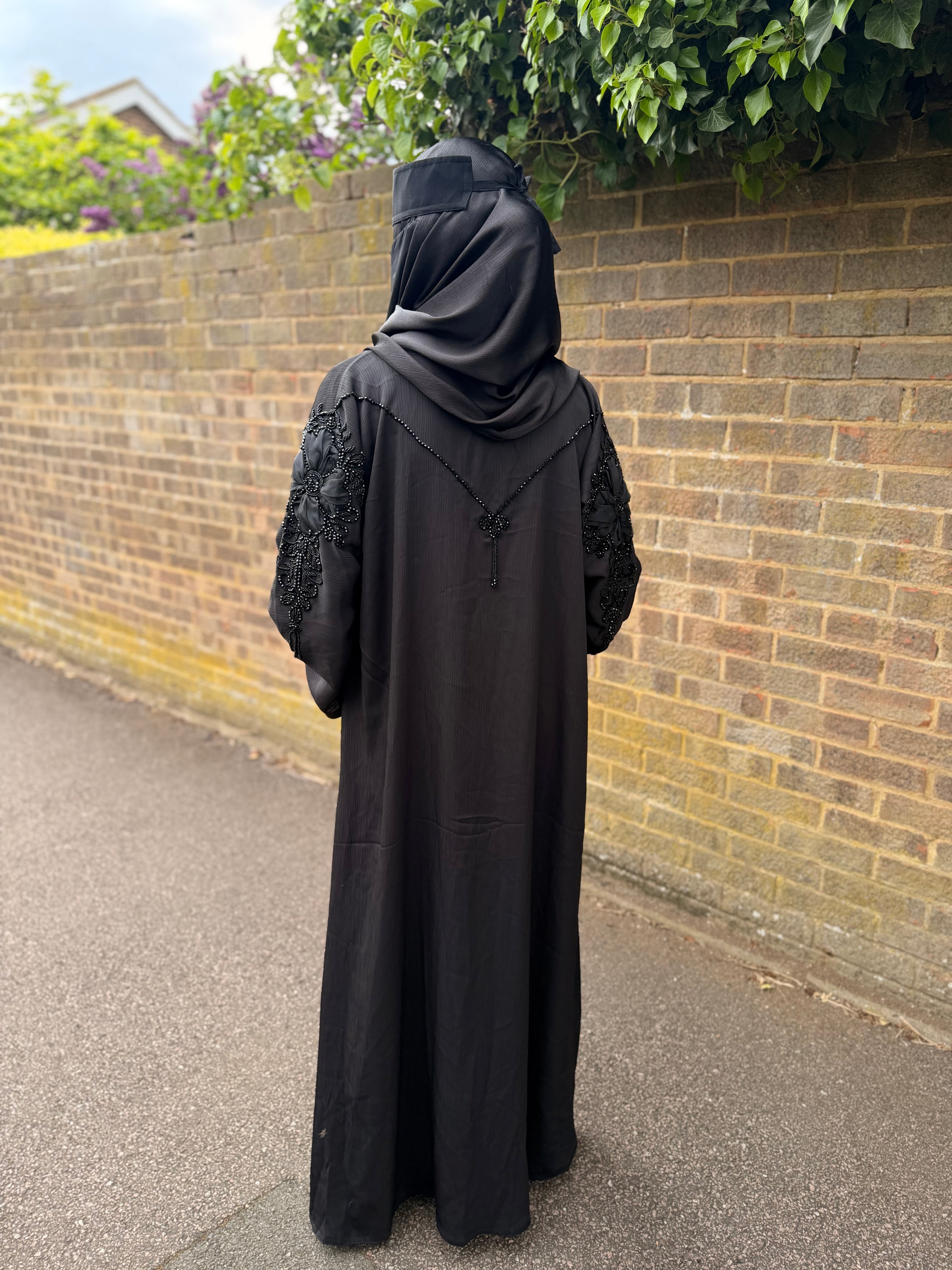 Isha Abaya | Black 3D Floral Embroidered Abaya | Baytul Haya