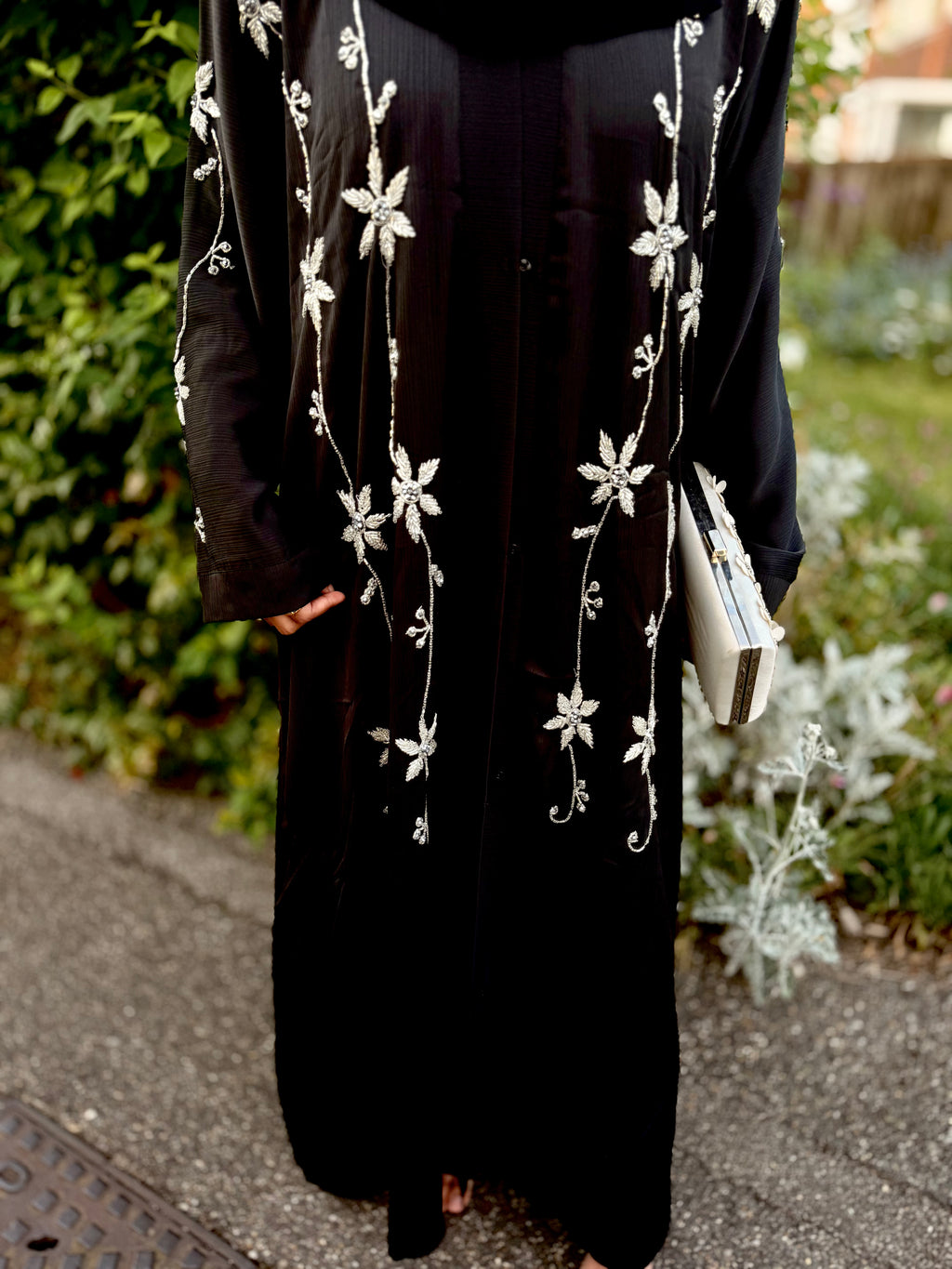 Yasmin Abaya | Full Body Silver Floral Hand-Embroidered Black Abaya | Baytul Haya