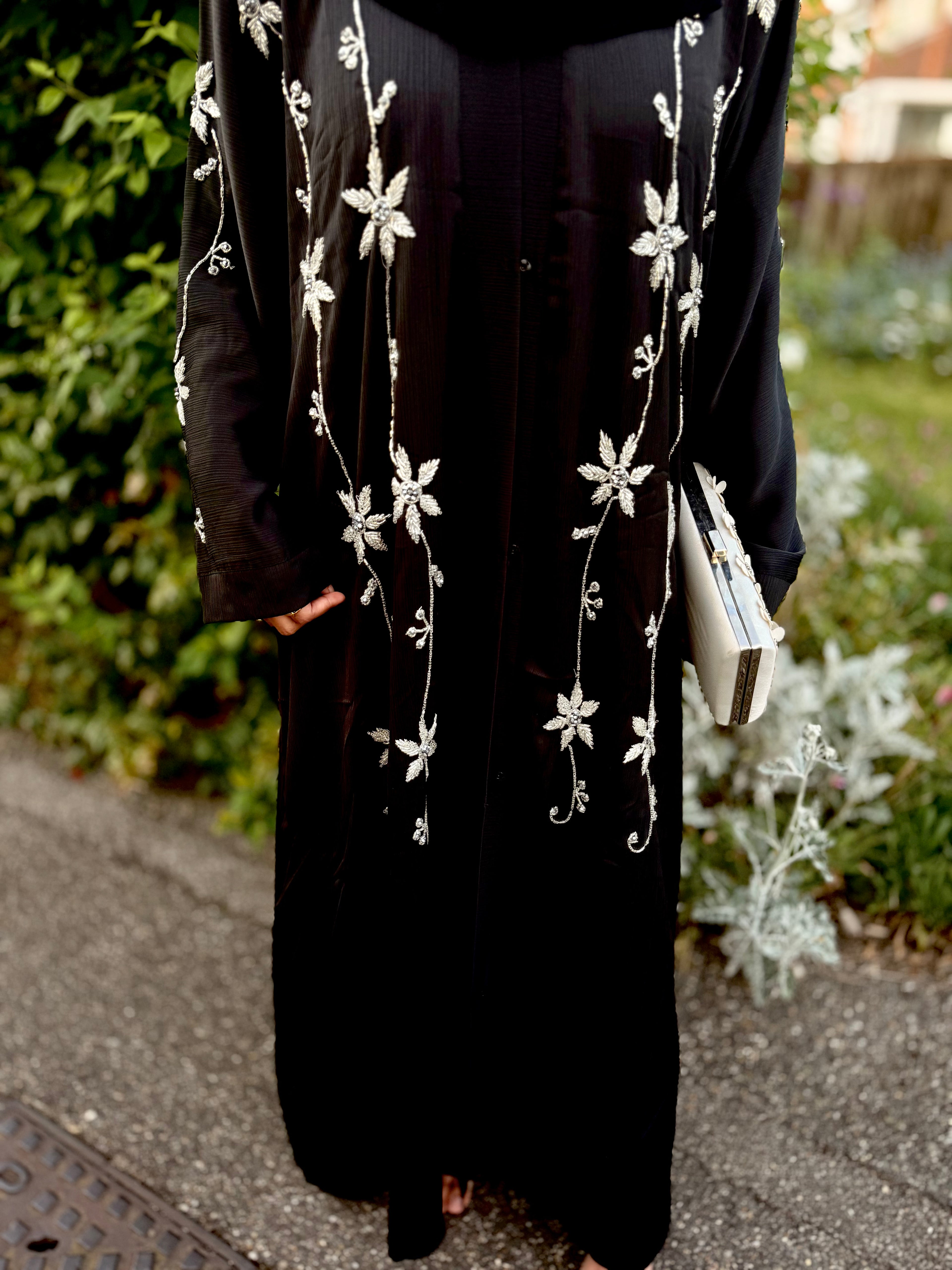 Yasmin Abaya | Full Body Silver Floral Hand-Embroidered Black Abaya | Baytul Haya