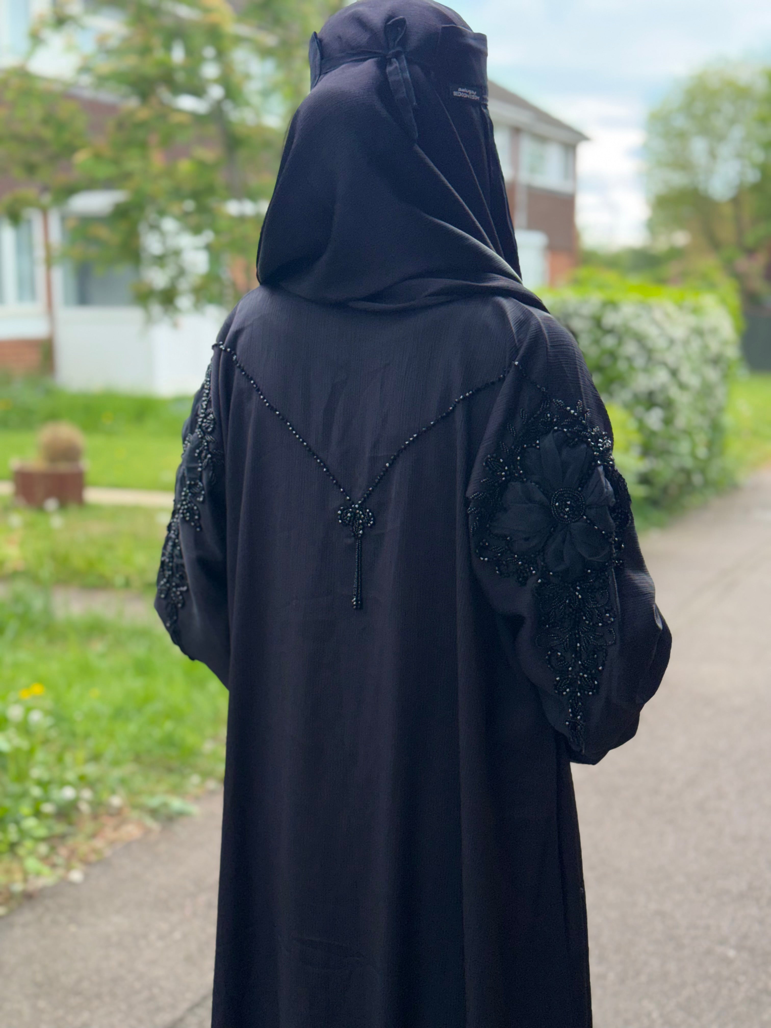 Isha Abaya | Black 3D Floral Embroidered Abaya | Baytul Haya