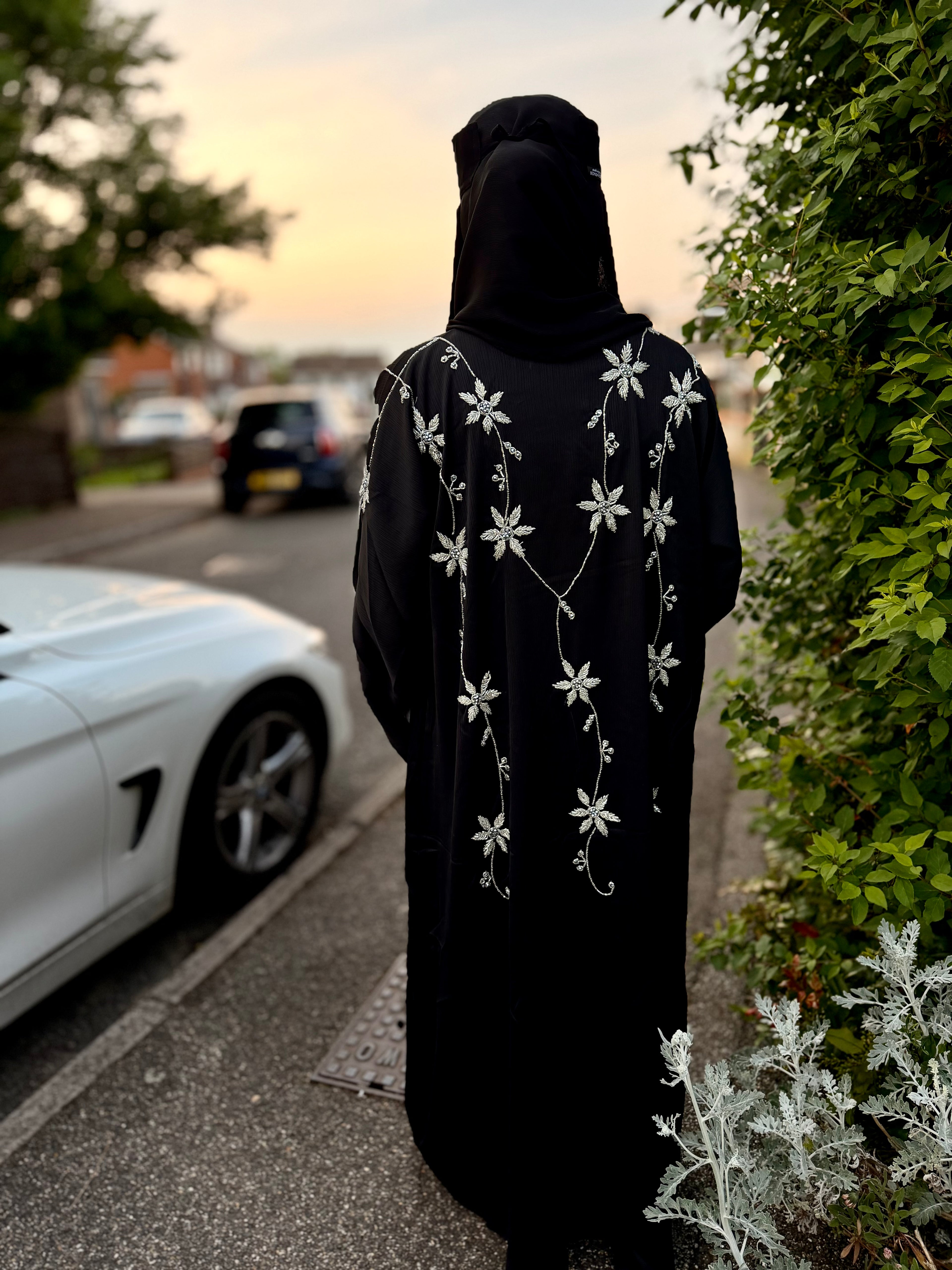 Yasmin Abaya | Full Body Silver Floral Hand-Embroidered Black Abaya | Baytul Haya