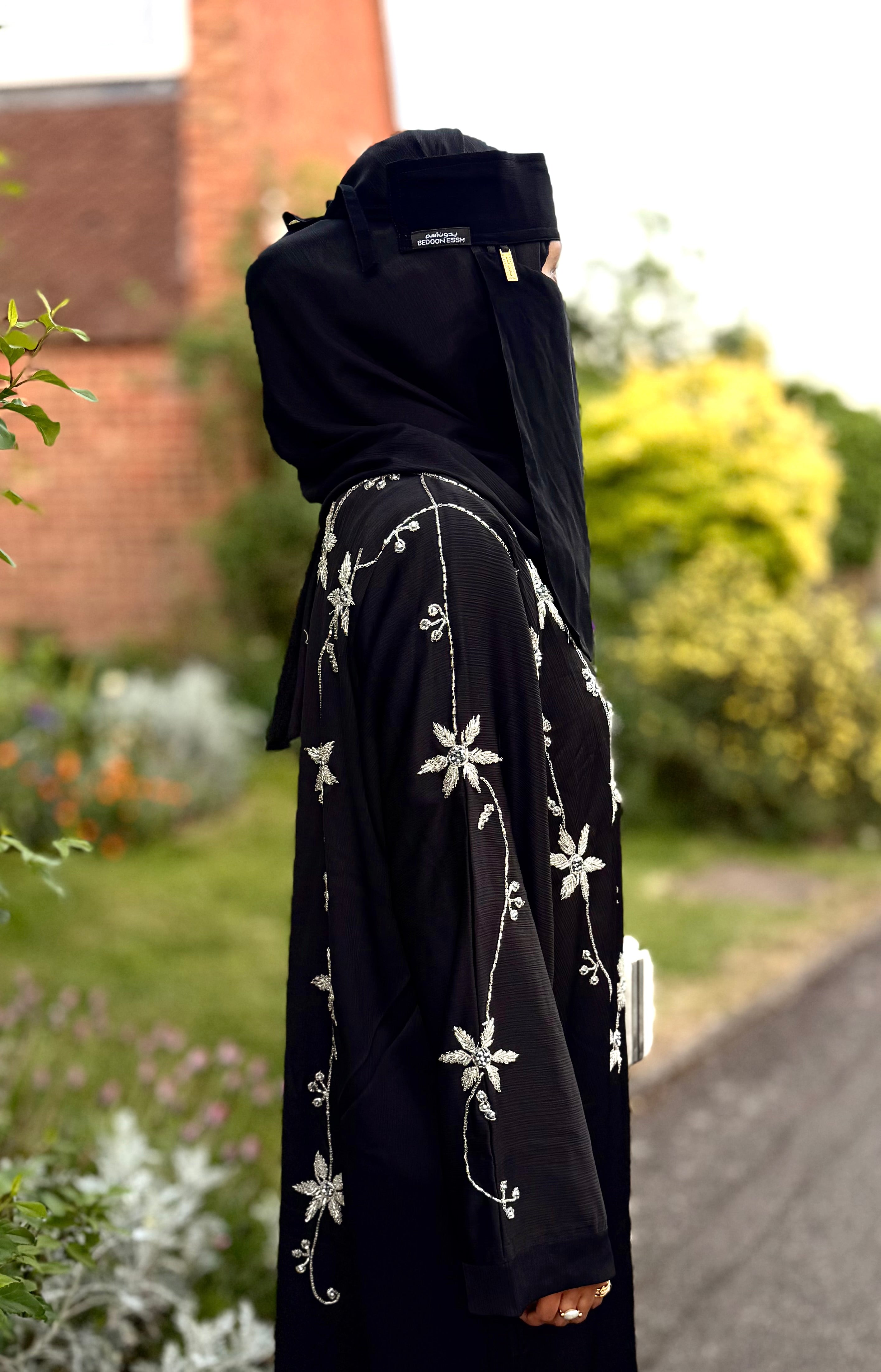 Yasmin Abaya | Full Body Silver Floral Hand-Embroidered Black Abaya | Baytul Haya