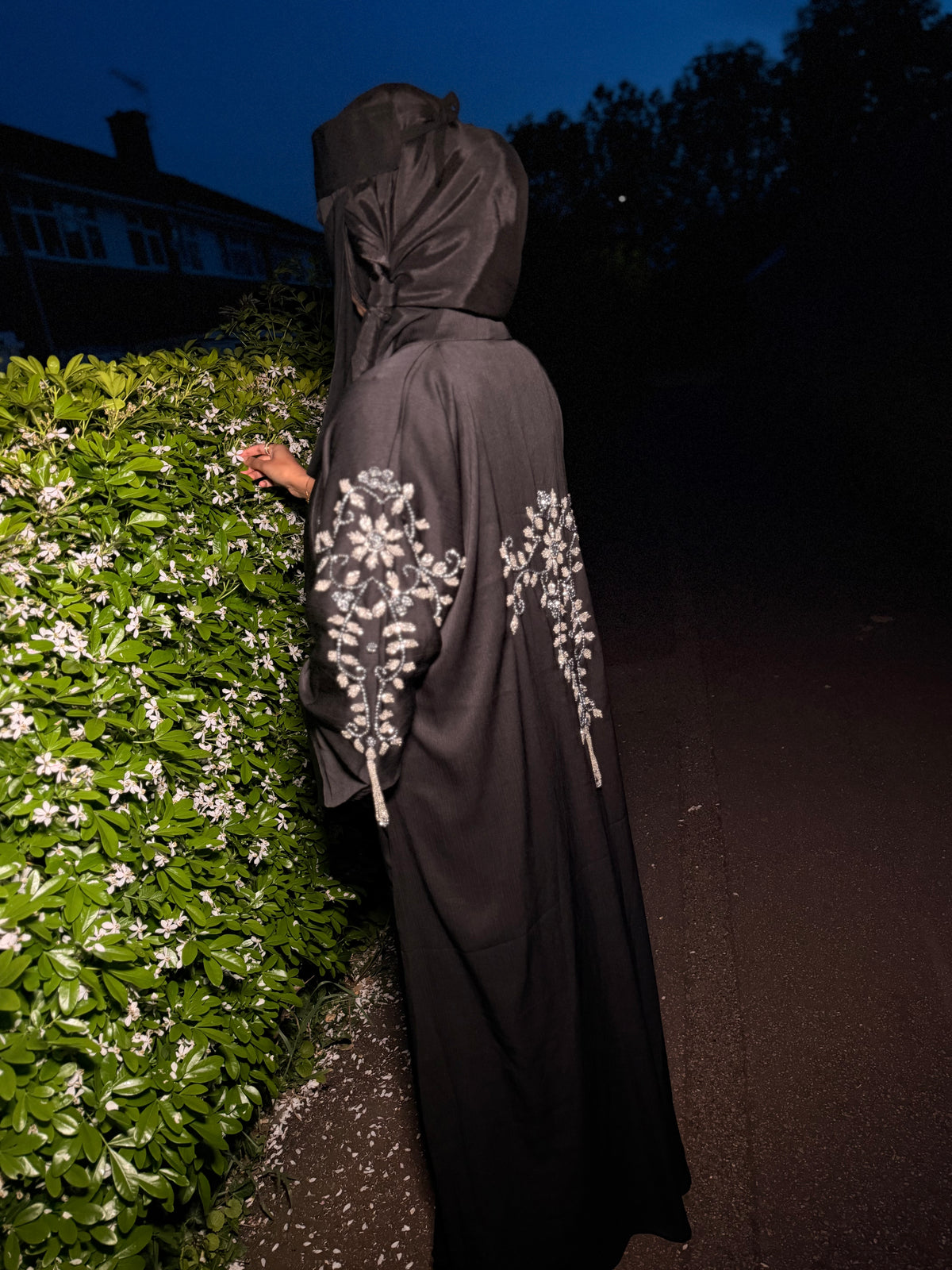 Maryam Abaya | Silver Hand-Embroidered Black Zoom Abaya | Baytul Haya
