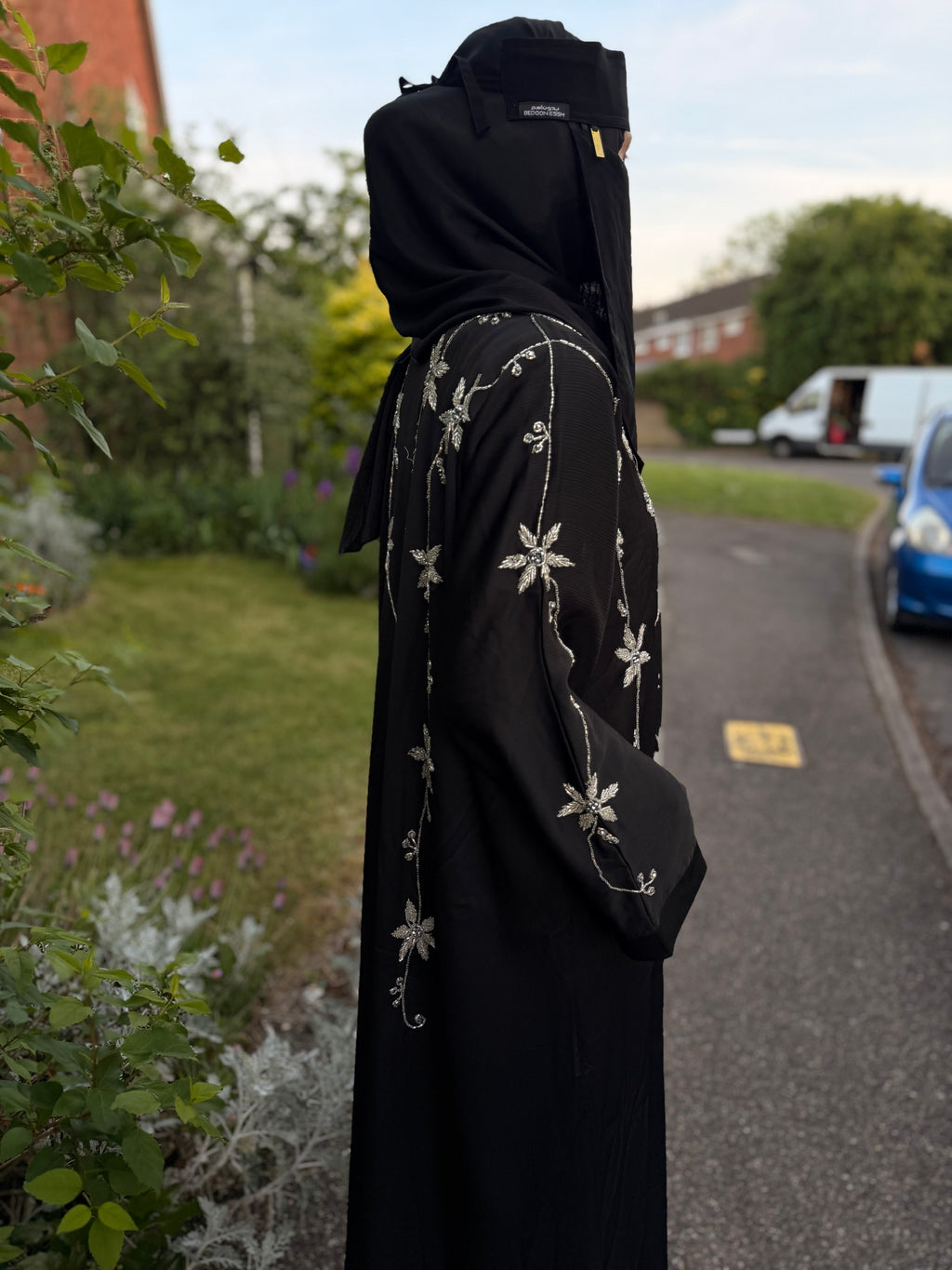 Yasmin Abaya | Full Body Silver Floral Hand-Embroidered Black Abaya | Baytul Haya