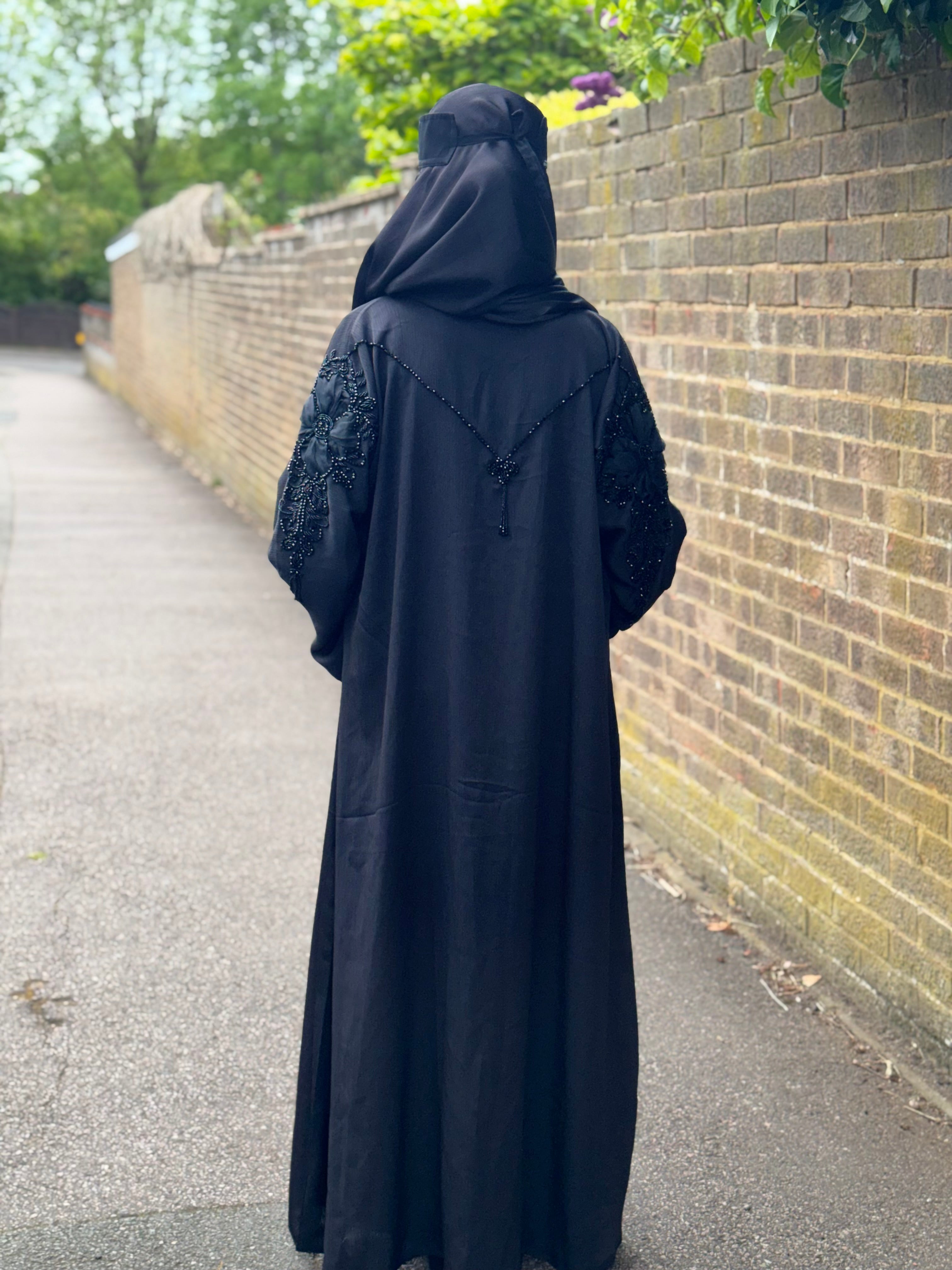 Isha Abaya | Black 3D Floral Embroidered Abaya | Baytul Haya