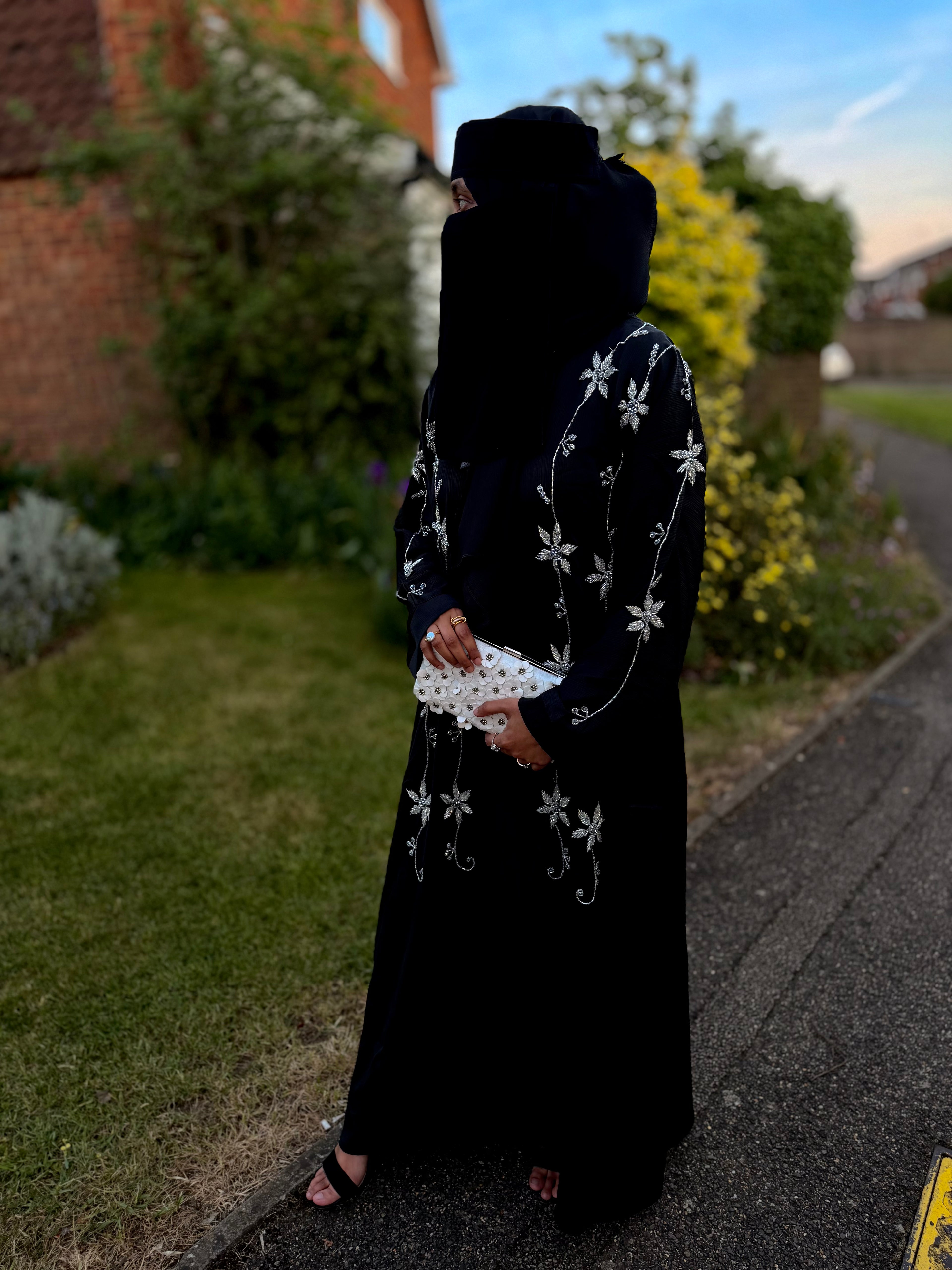 Yasmin Abaya | Full Body Silver Floral Hand-Embroidered Black Abaya | Baytul Haya