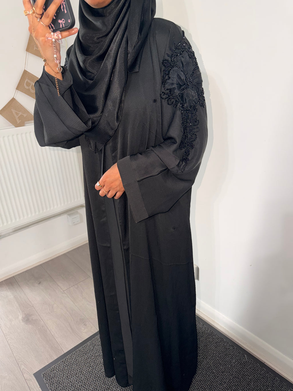 Isha Abaya | Black 3D Floral Embroidered Abaya | Baytul Haya