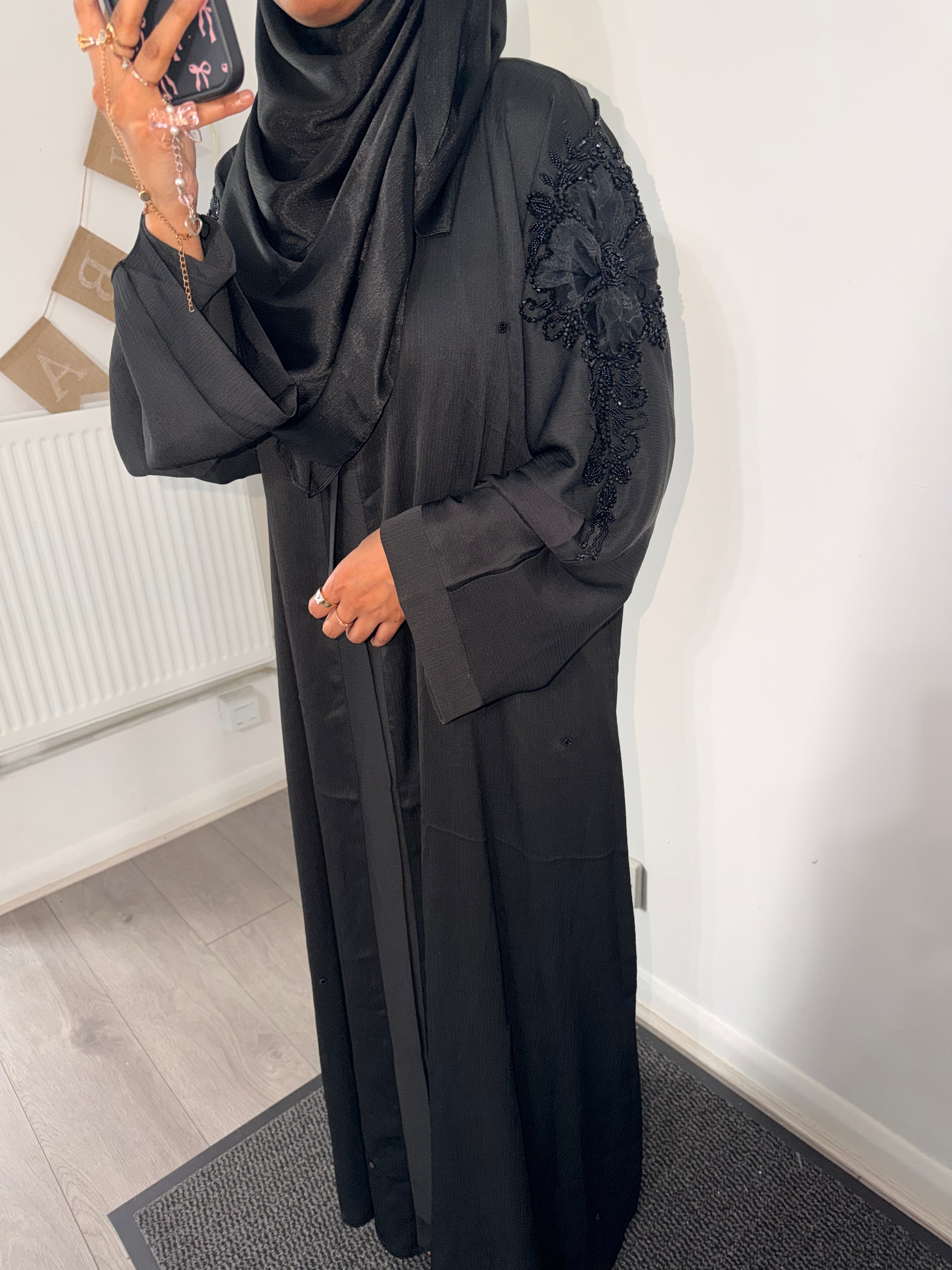 Isha Abaya | Black 3D Floral Embroidered Abaya | Baytul Haya