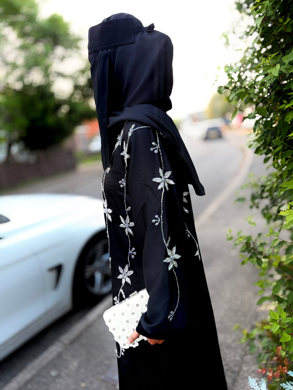 Yasmin Abaya | Full Body Silver Floral Hand-Embroidered Black Abaya | Baytul Haya