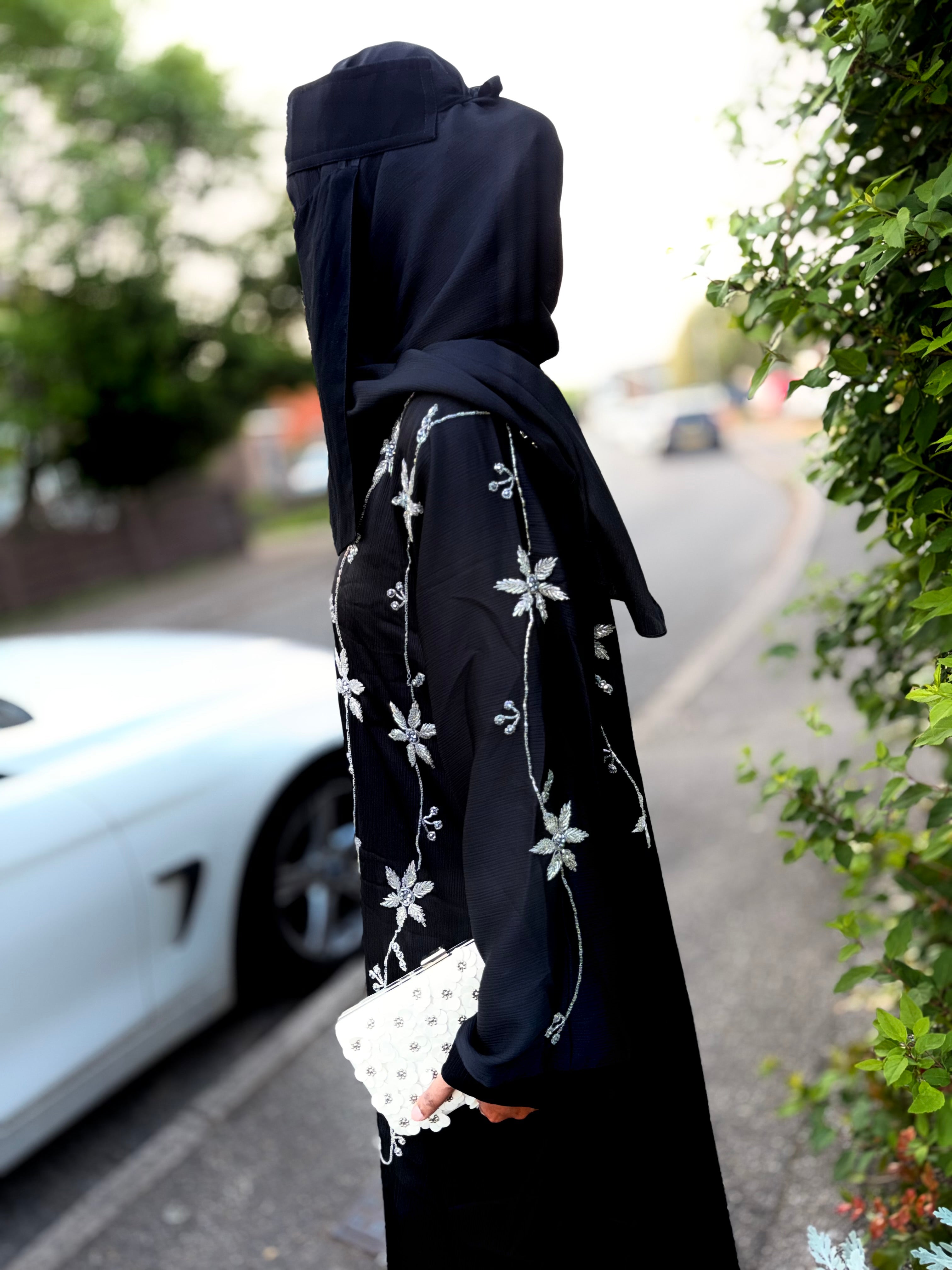 Yasmin Abaya | Full Body Silver Floral Hand-Embroidered Black Abaya | Baytul Haya