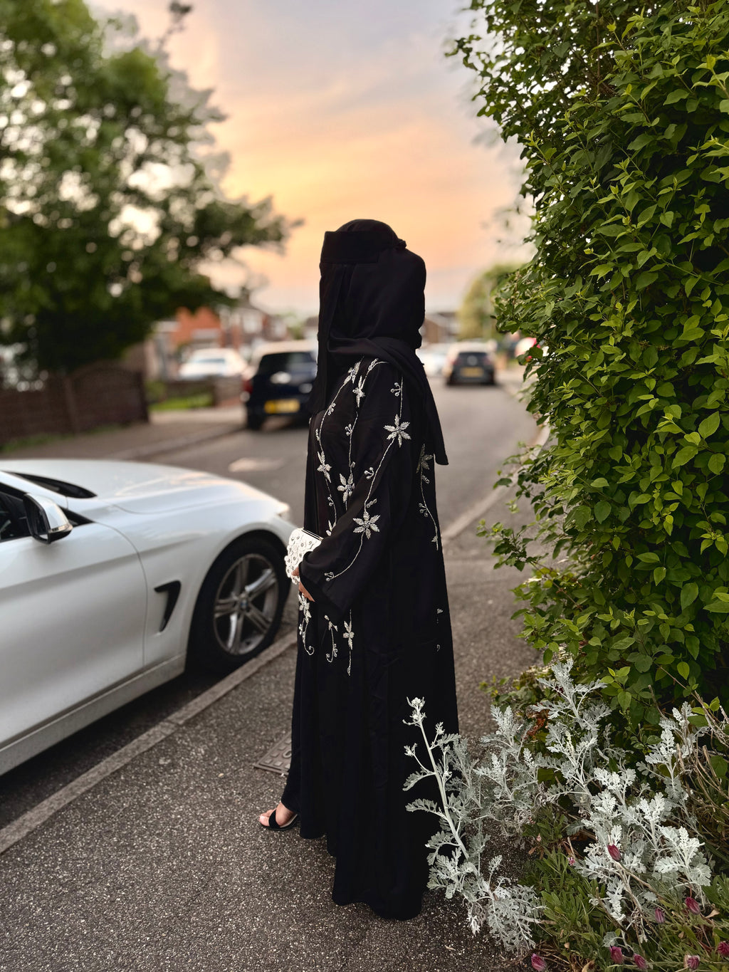 Yasmin Abaya | Full Body Silver Floral Hand-Embroidered Black Abaya | Baytul Haya
