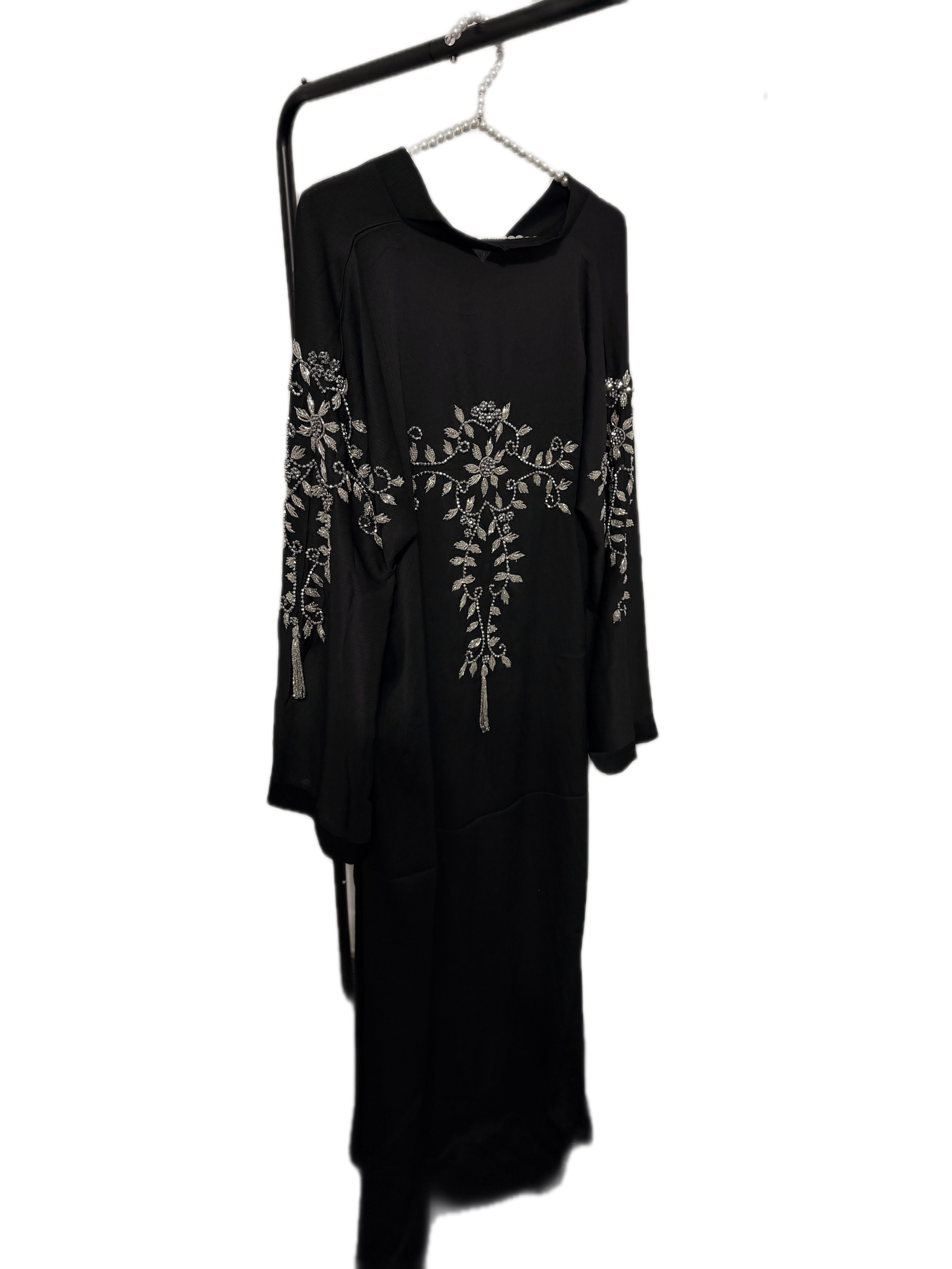 Maryam Abaya | Silver Hand-Embroidered Black Zoom Abaya | Baytul Haya