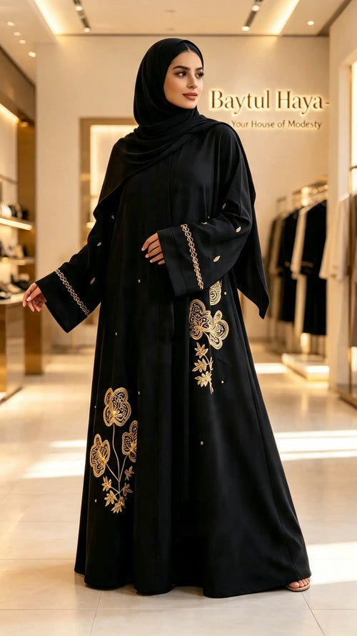 Amira Abaya | Gold & Silver Hand-Embroidered Black Zoom Abaya | Baytul Haya