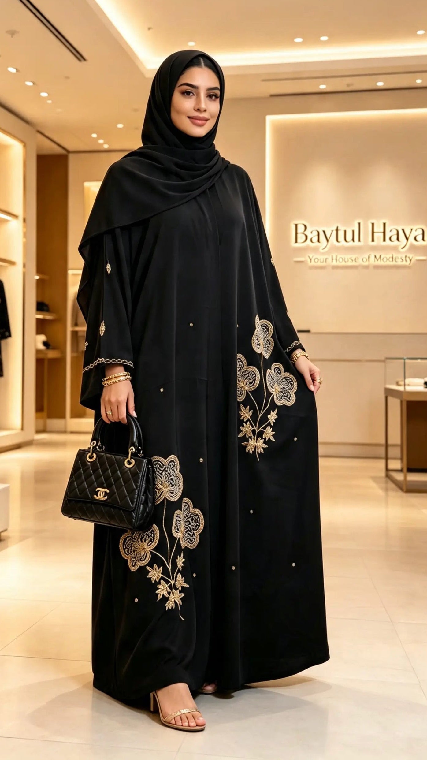Amira Abaya | Gold & Silver Hand-Embroidered Black Zoom Abaya | Baytul Haya