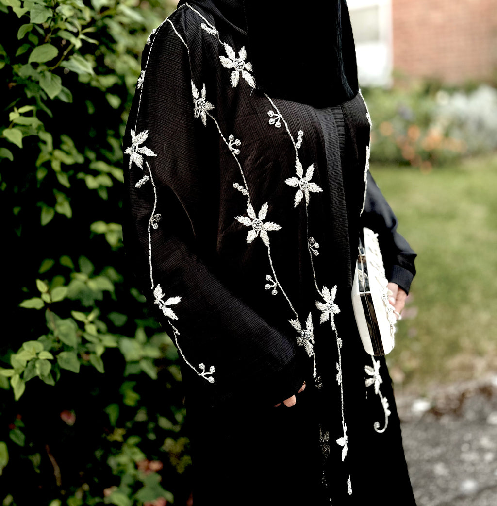 Yasmin Abaya | Full Body Silver Floral Hand-Embroidered Black Abaya | Baytul Haya