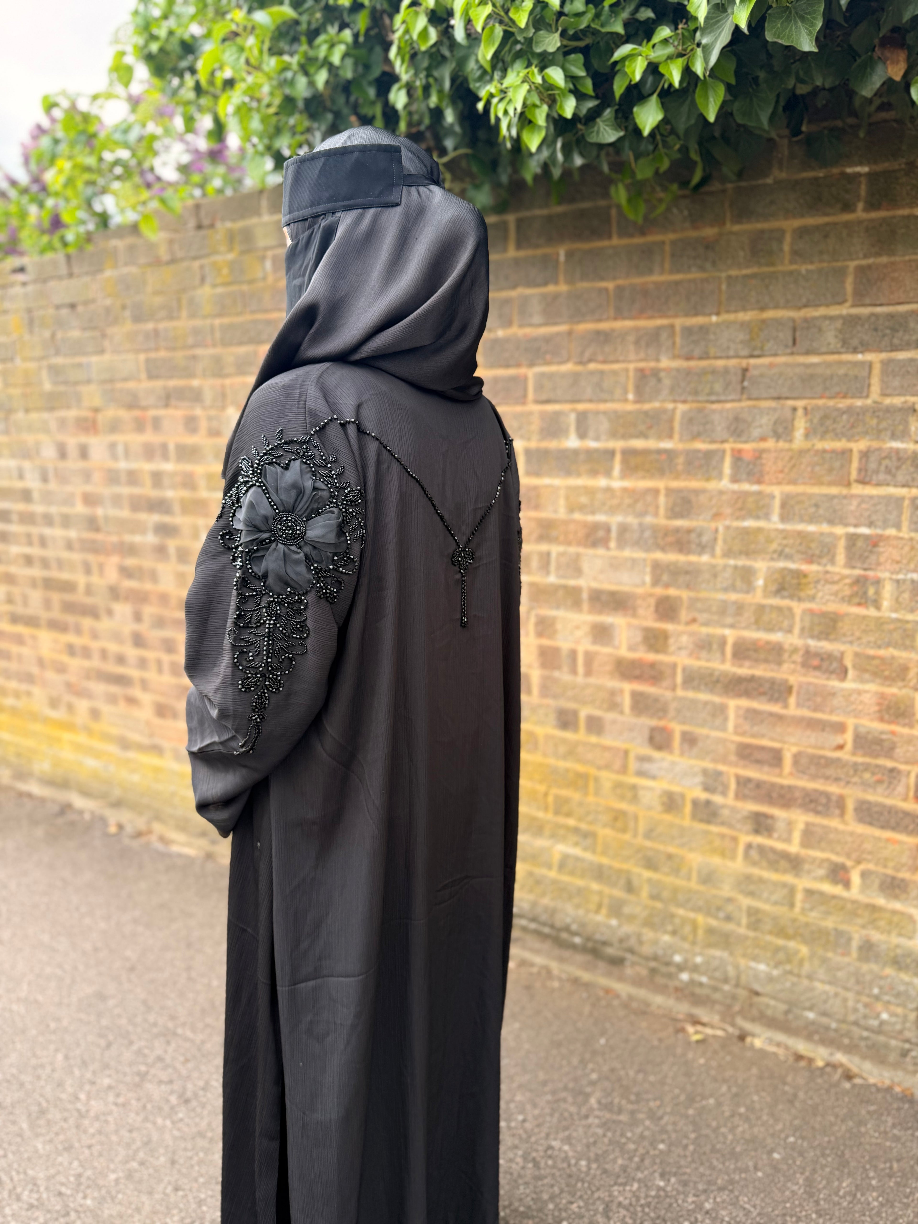 Isha Abaya | Black 3D Floral Embroidered Abaya | Baytul Haya
