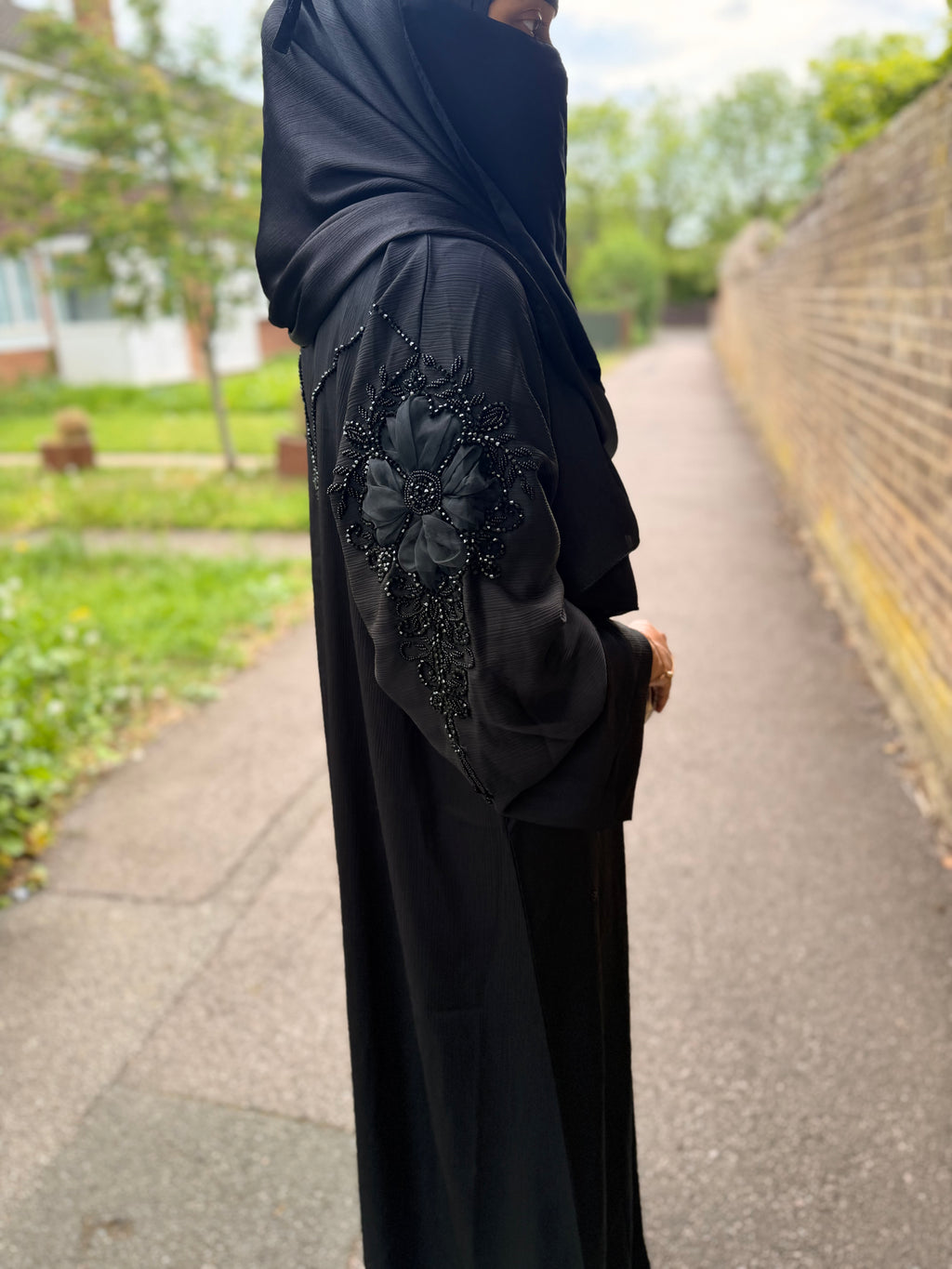 Isha Abaya | Black 3D Floral Embroidered Abaya | Baytul Haya
