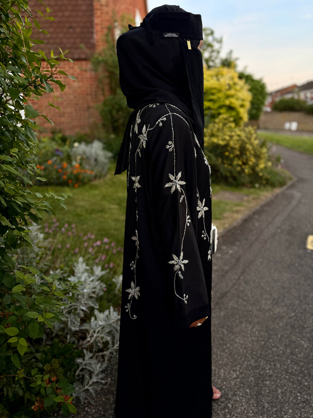 Yasmin Abaya | Full Body Silver Floral Hand-Embroidered Black Abaya | Baytul Haya