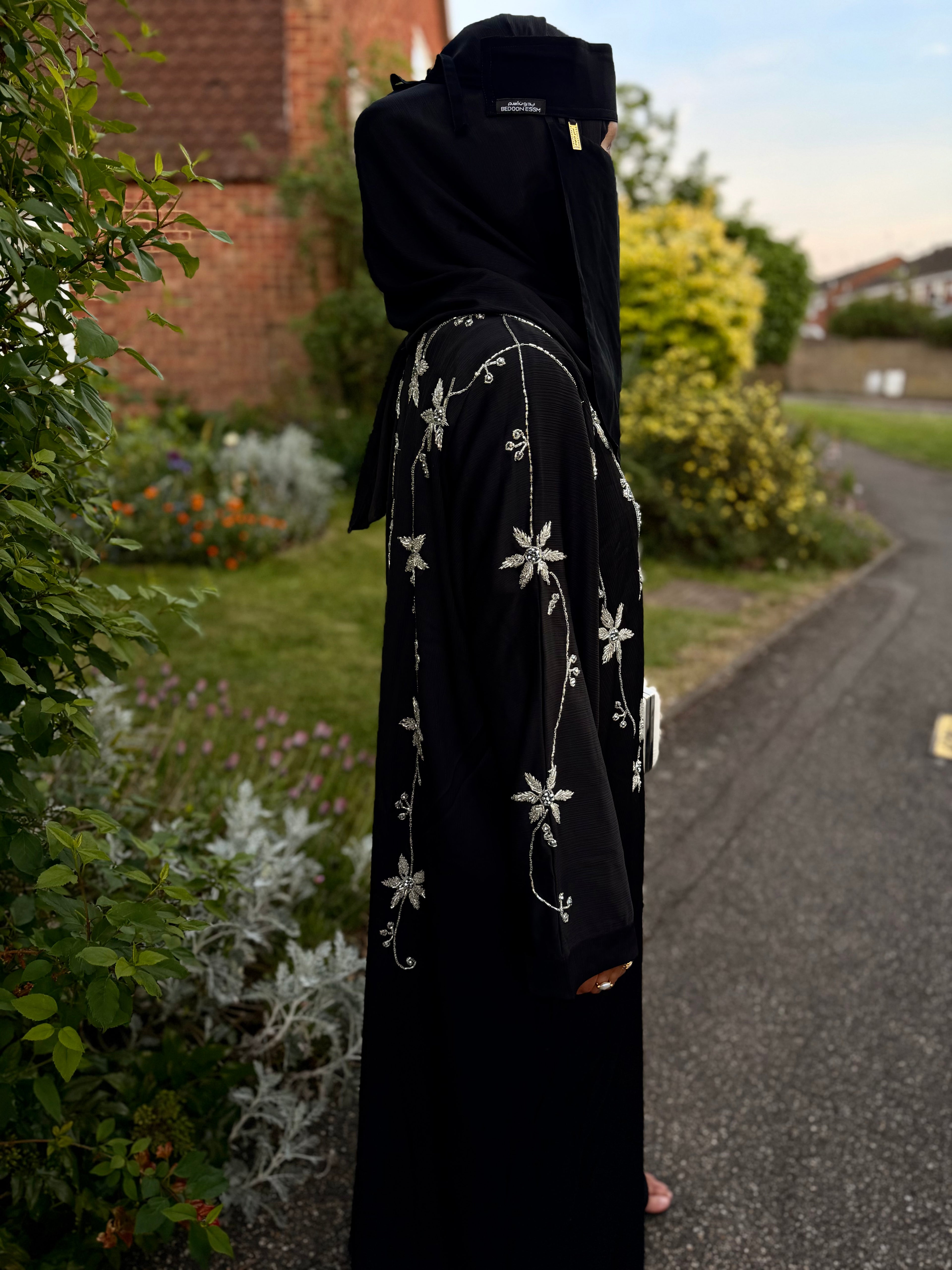 Yasmin Abaya | Full Body Silver Floral Hand-Embroidered Black Abaya | Baytul Haya