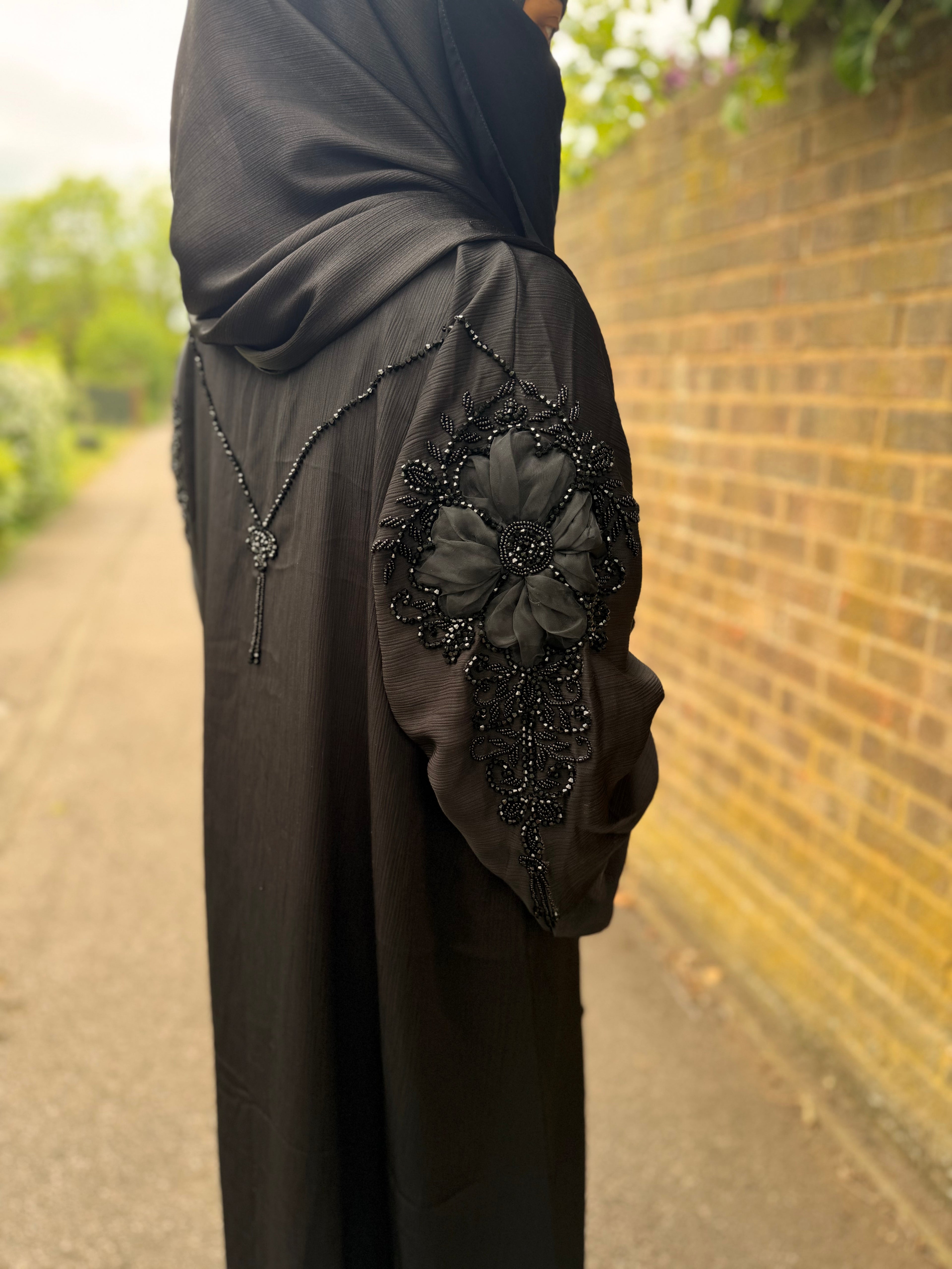 Isha Abaya | Black 3D Floral Embroidered Abaya | Baytul Haya