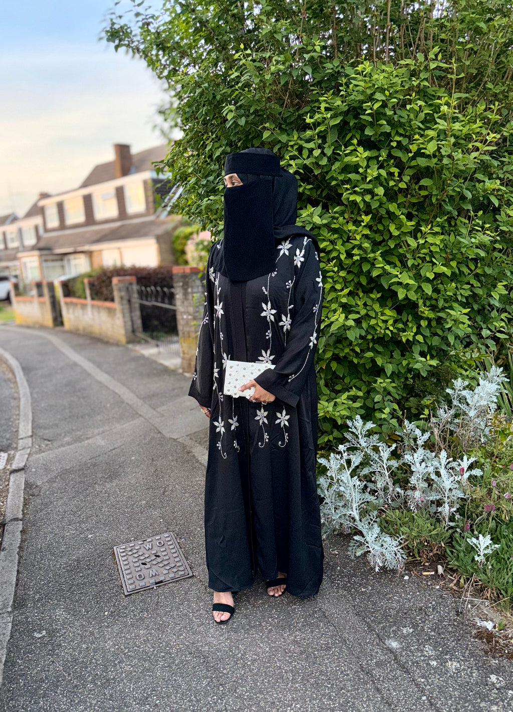 Yasmin Abaya | Full Body Silver Floral Hand-Embroidered Black Abaya | Baytul Haya