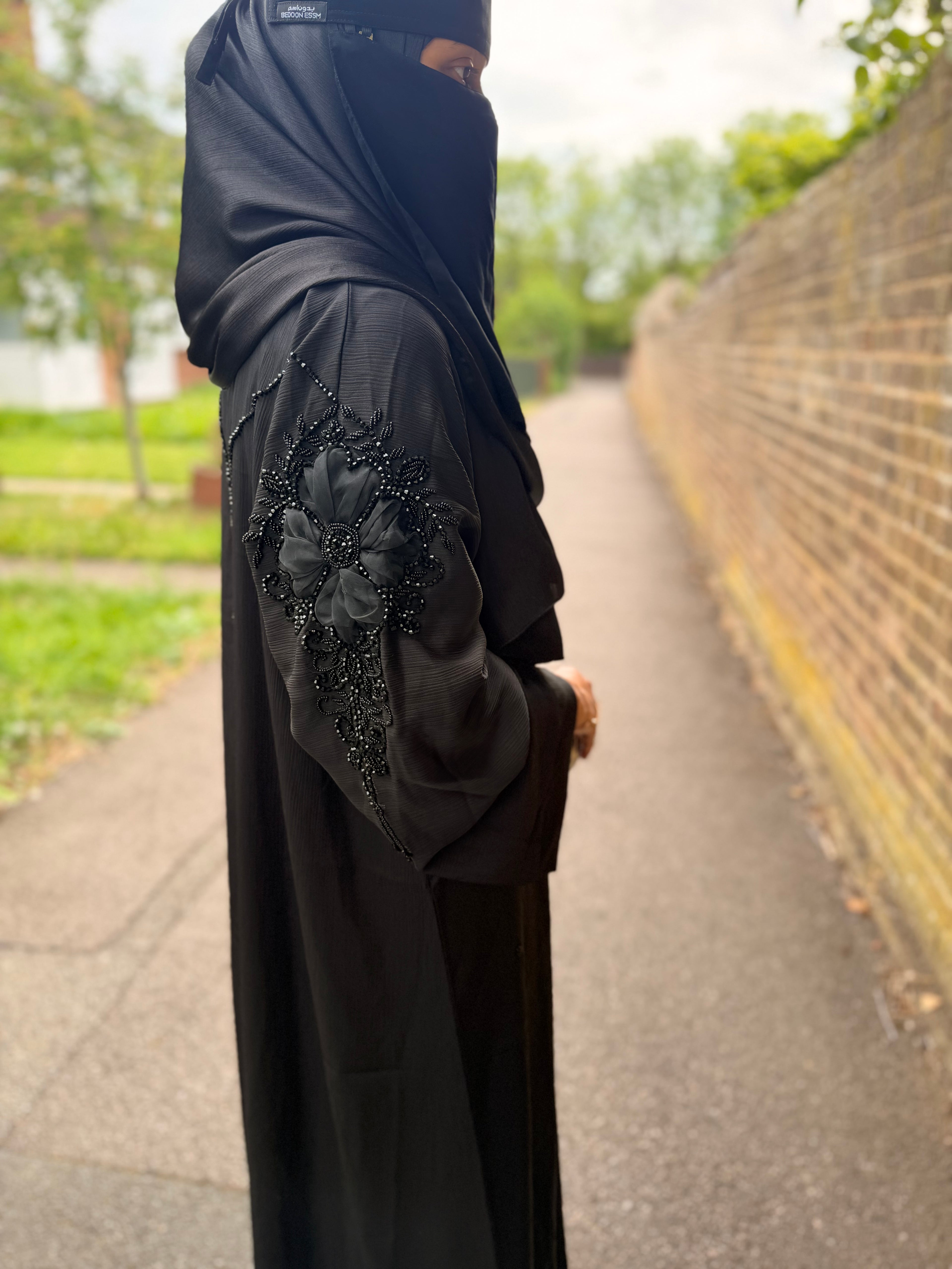 Isha Abaya | Black 3D Floral Embroidered Abaya | Baytul Haya
