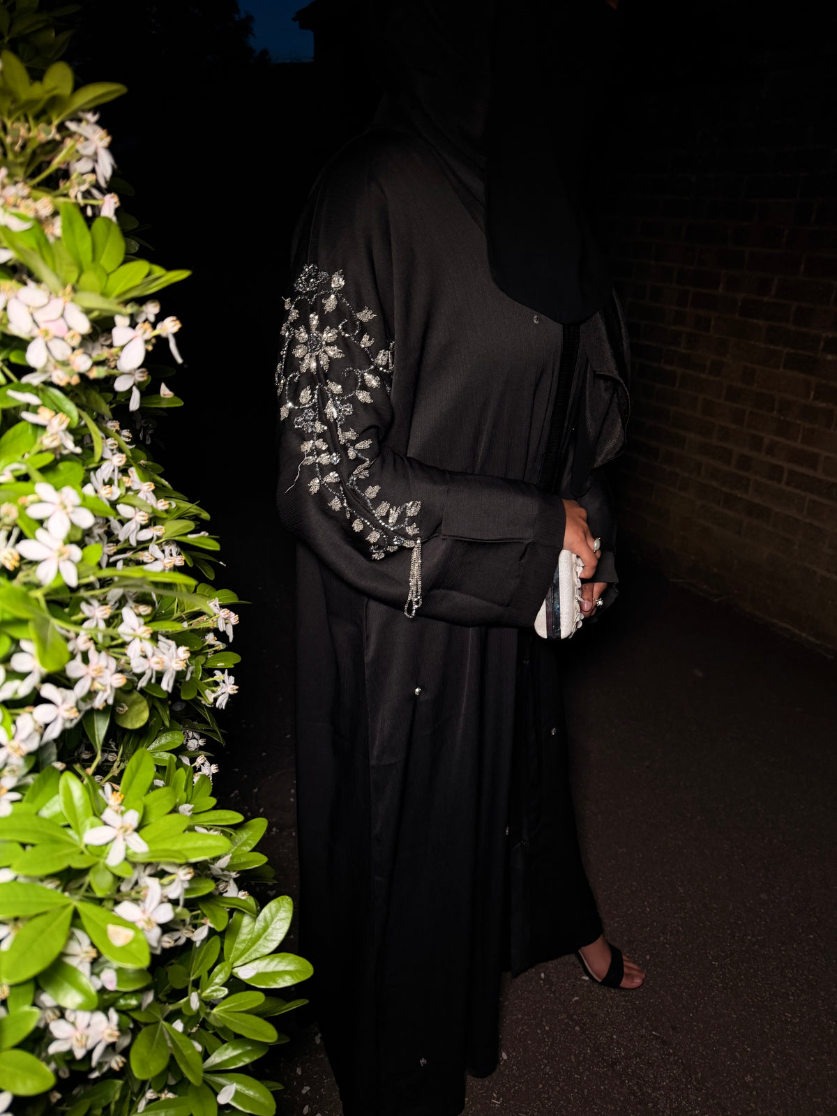 Maryam Abaya | Silver Hand-Embroidered Black Zoom Abaya | Baytul Haya
