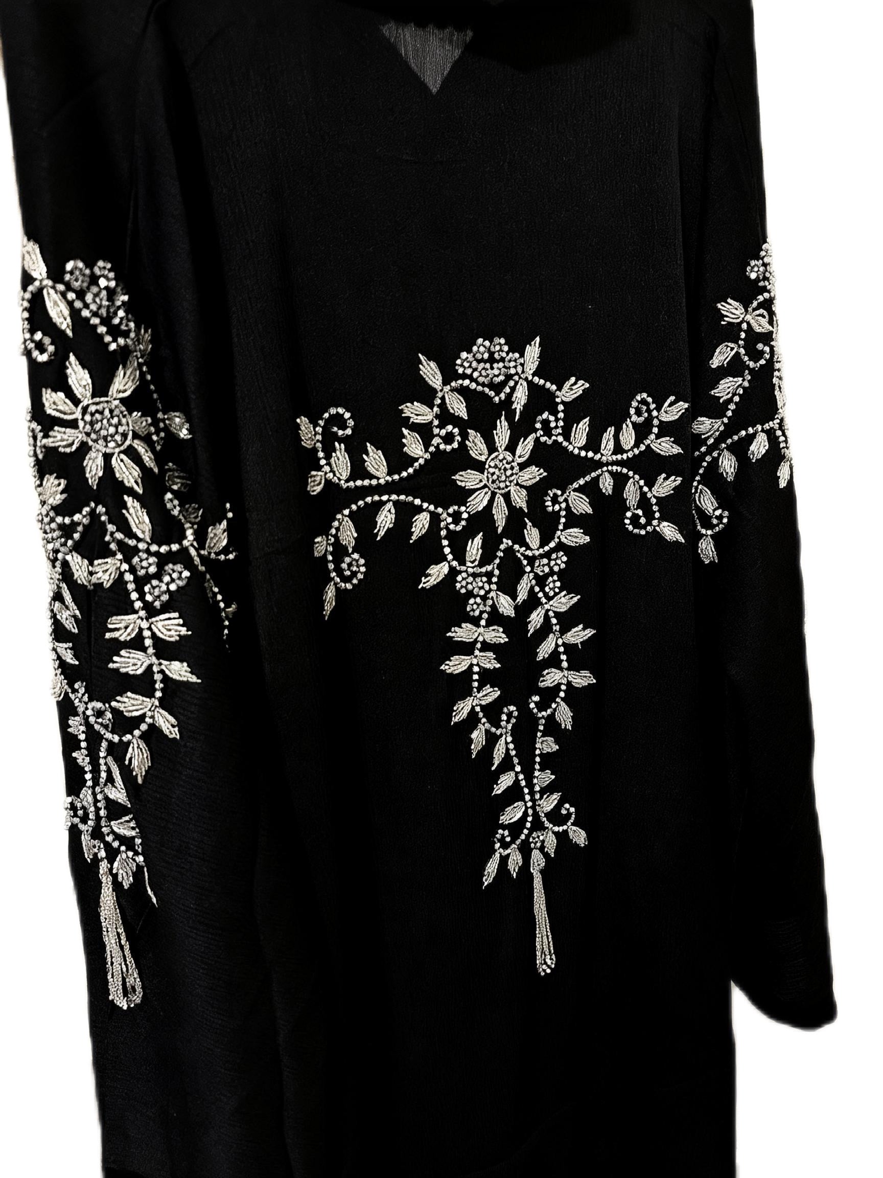 Maryam Abaya | Silver Hand-Embroidered Black Zoom Abaya | Baytul Haya