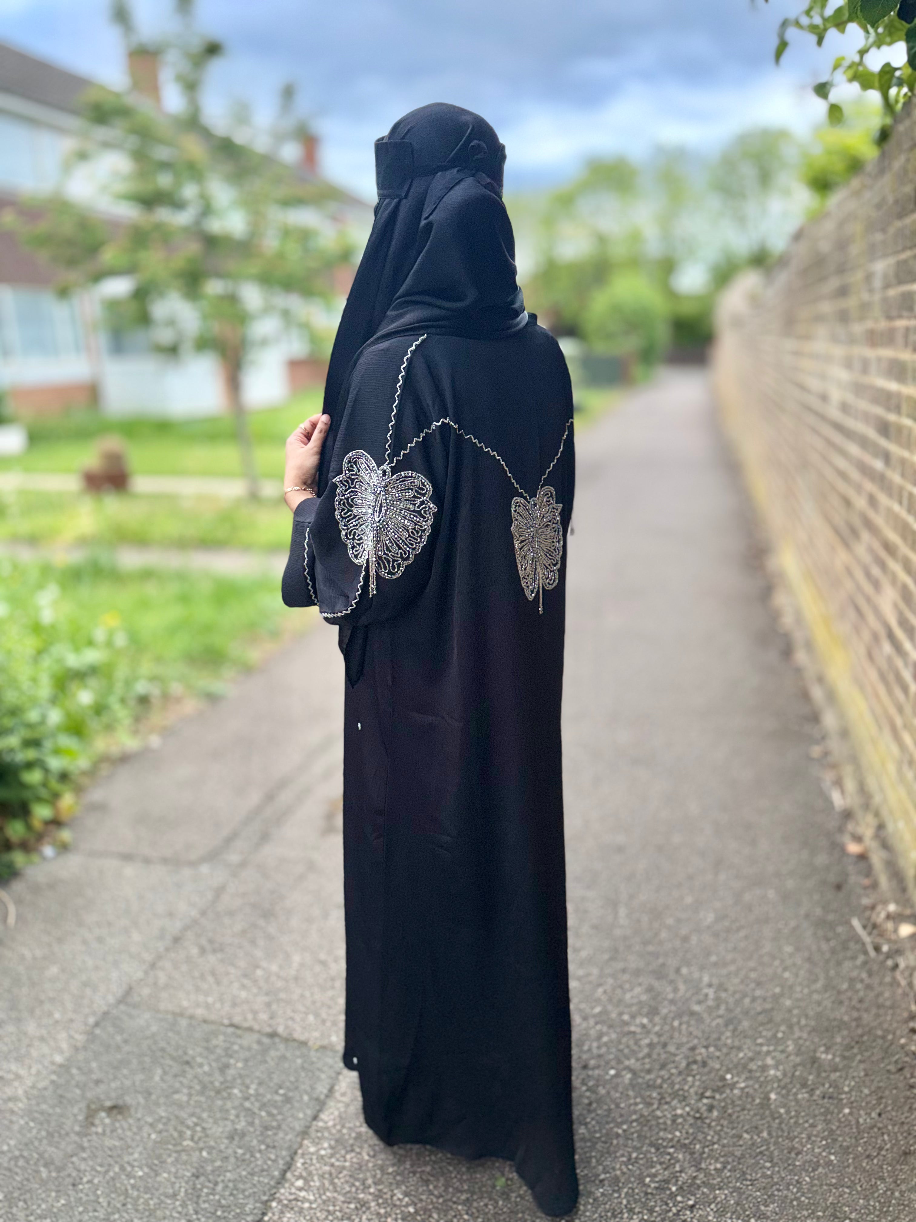 Farah Abaya | Butterfly Hand-Embroidered Black Zoom Abaya | Baytul Haya