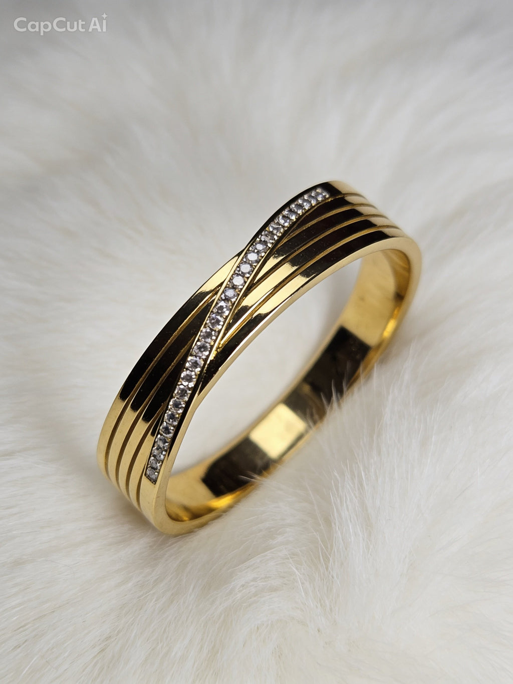 Gold Crossover Crystal Bangle With Stone