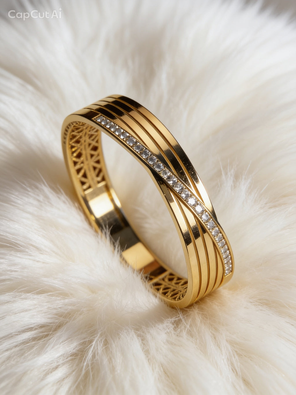 Gold Crossover Crystal Bangle With Stone