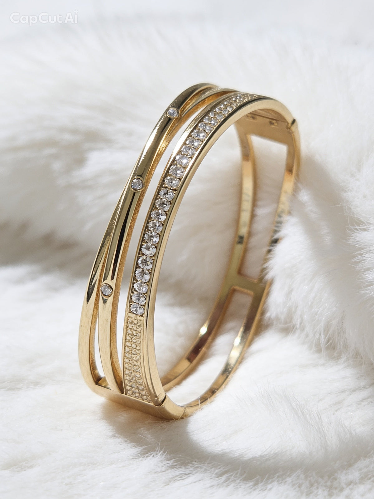 Gold Layered Crossover Bangle With Stones