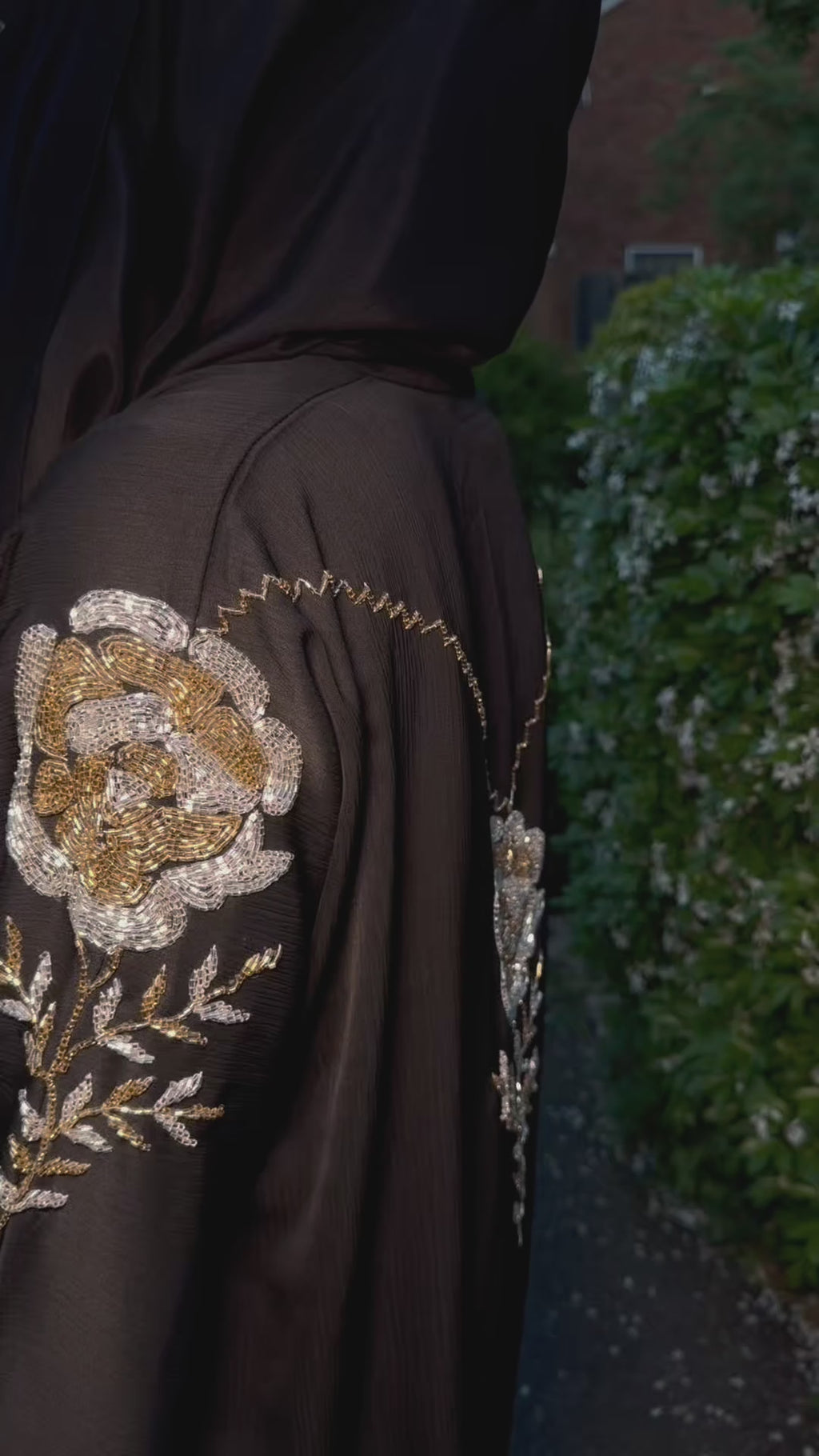Layla Abaya | Gold Rose Hand-Embroidered Black Zoom Abaya | Baytul Haya