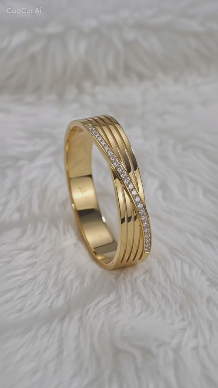 Gold Crossover Crystal Bangle With Stone