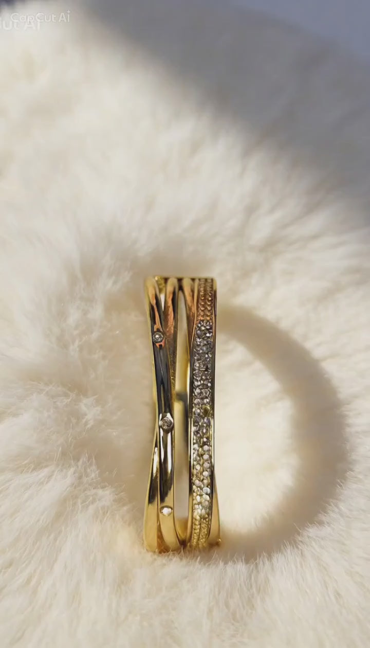 Gold Layered Crossover Bangle With Stones