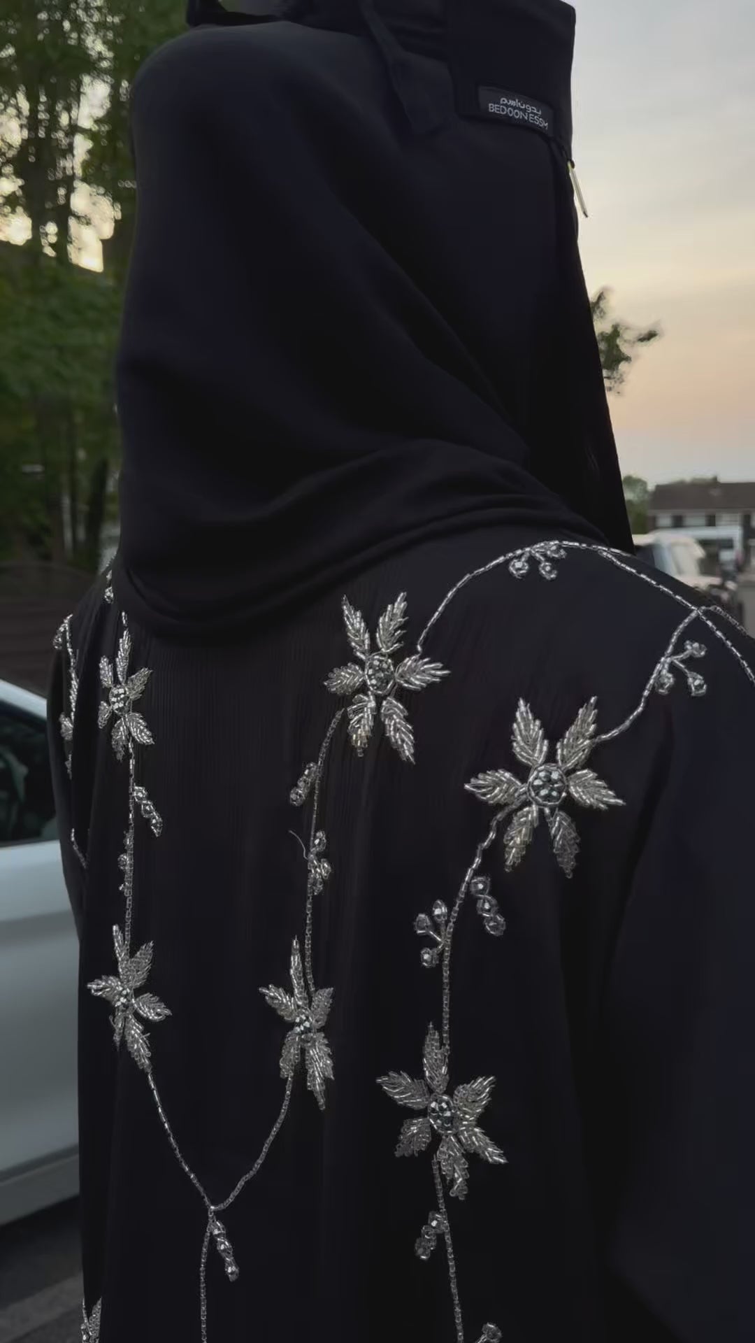Yasmin Abaya | Full Body Silver Floral Hand-Embroidered Black Abaya | Baytul Haya